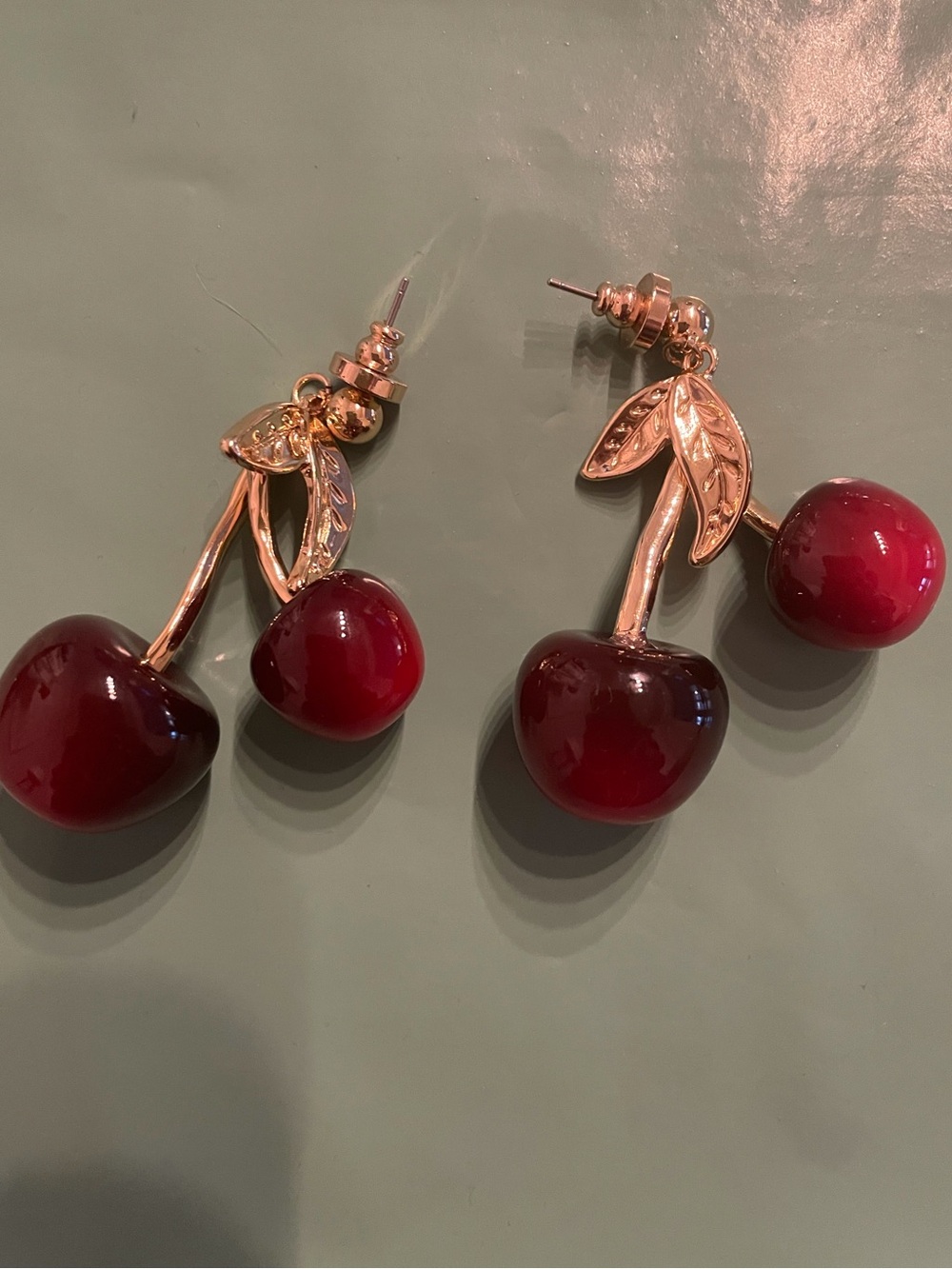 Cherry Drop Dangle Earrings - Red and Gold